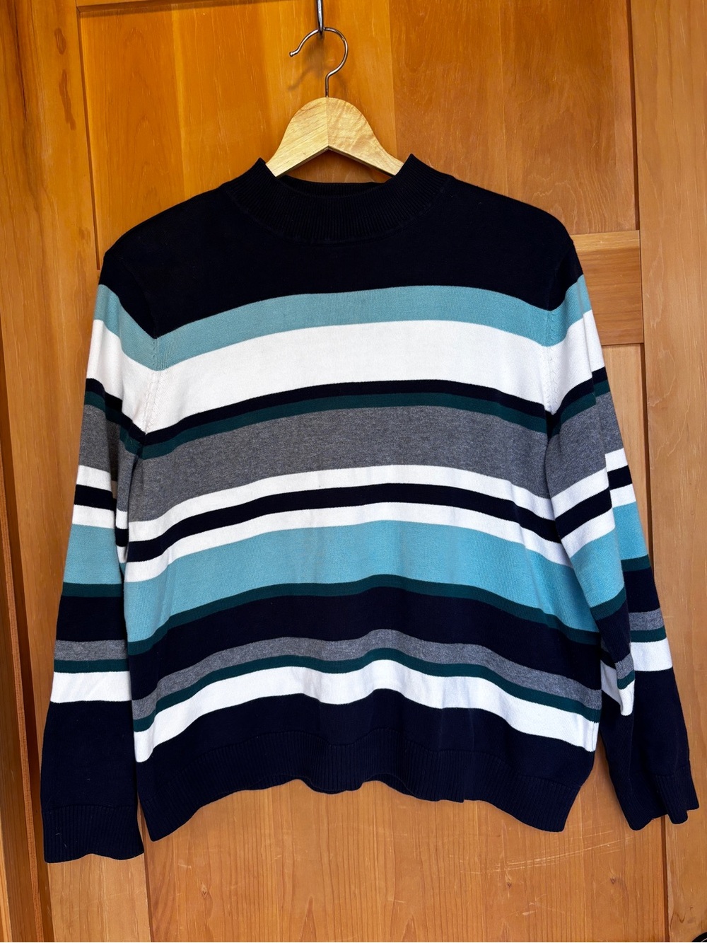 Northern Reflections Striped Crewneck Sweater in Navy, Teal, Gray & White